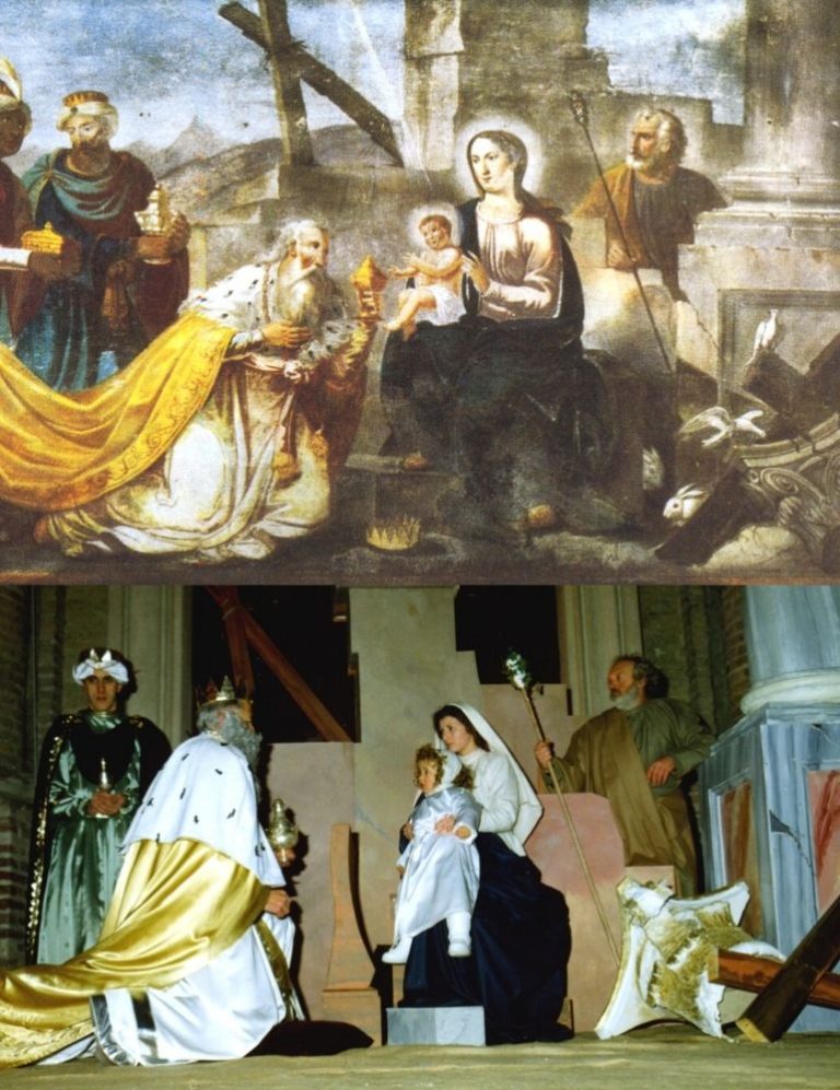 Confronto tra il quadro vivente alla fine della Sacra rappresentazione del 1995 e l'affresco, fotografato nel 1995, riscoperto sotto il quadro di S. Margarite Alaquoque