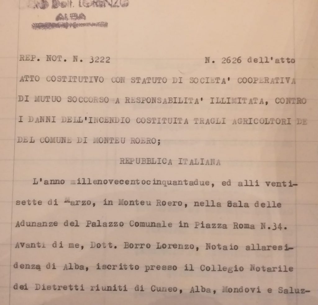 documenti degli enti di solidarietà sviluppati dagli abitanti di Monteu Roero nel corso del Novecento.